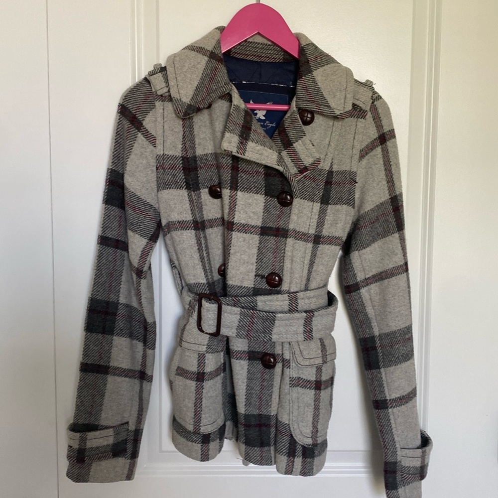 American Eagle Plaid Wool‎ Trench Coat